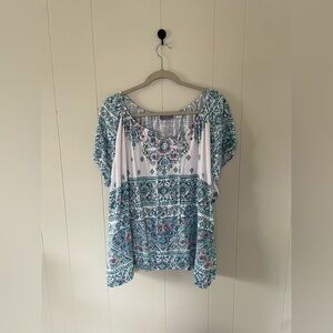 Laura Scott Teal and White Patterned Blouse